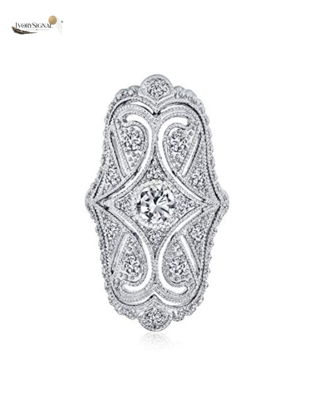 Art Deco Antique Style CZ Wide Armor Full Finger Statement Ring Rhodium Plated